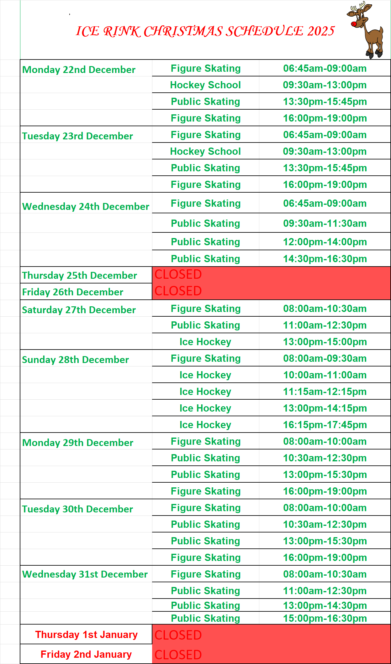 Christmas Ice Schedule 2025