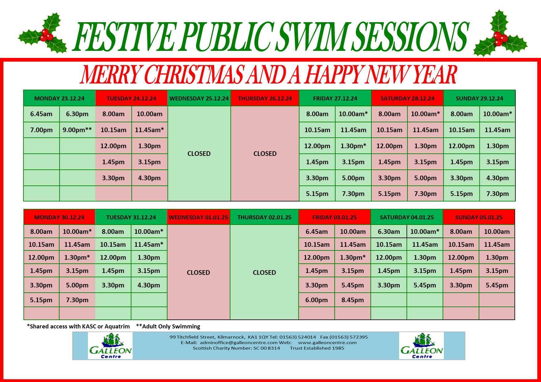 FESTIVE POOL TIMETABLE 2024