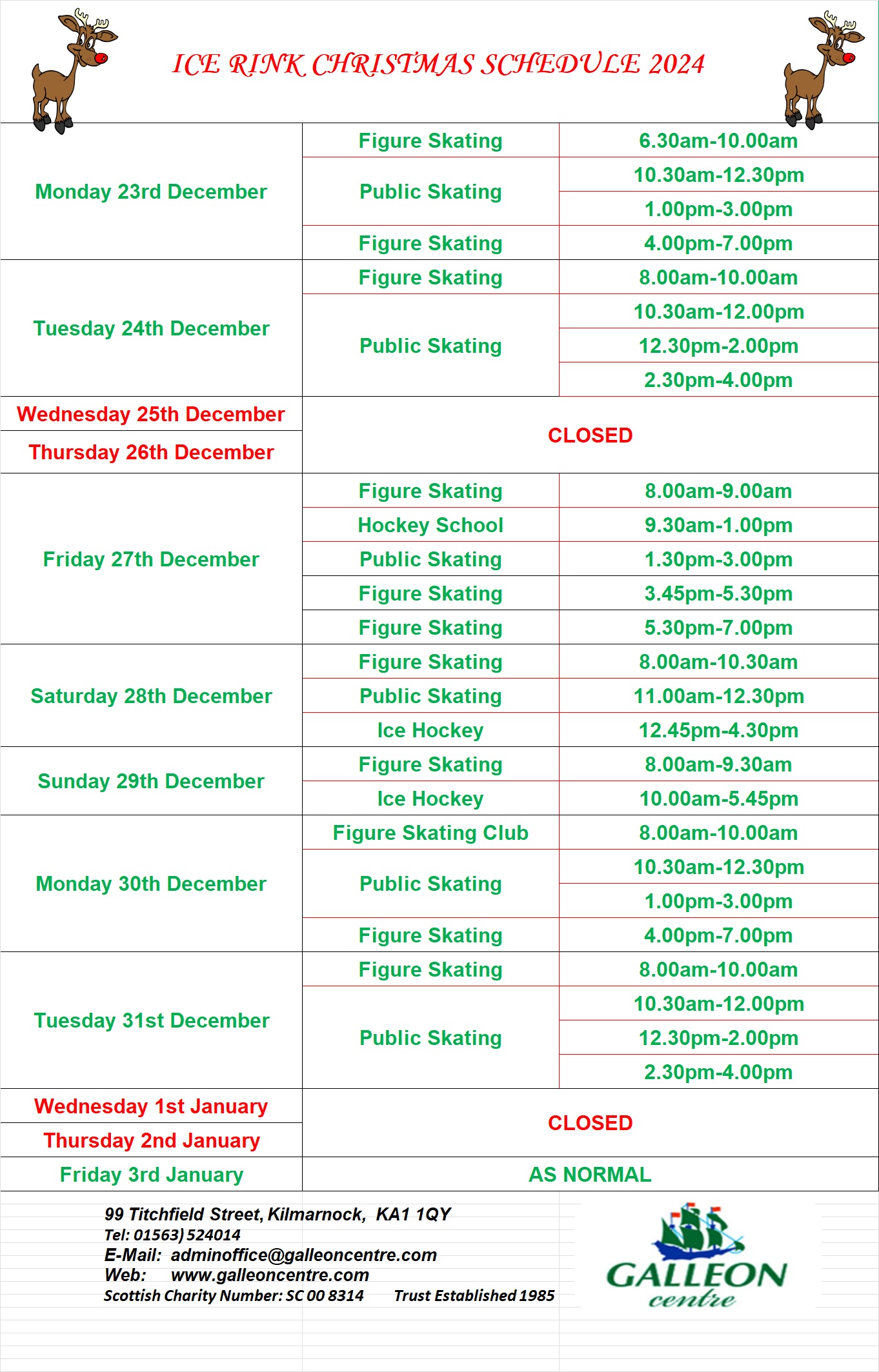 Ice Rink Xmas Schedule